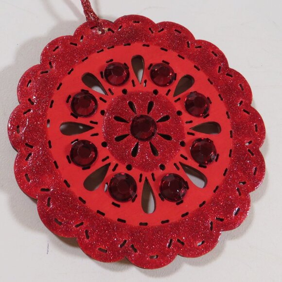 Red Circle Medallion Laser Cut Wooden Ornament with Rhinestones Hangs - Picture 2 of 7
